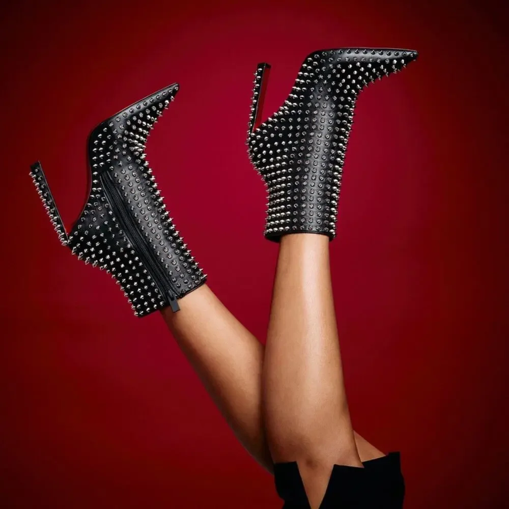 Christian Louboutin Black Condora Booty Spiked Leather Heeled Ankle Boots EU 40